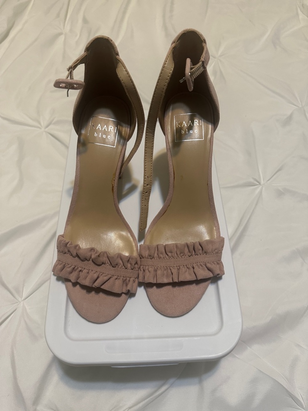 KAARI Blue Ruffle Ankle-Strap Heels in Dusty Rose